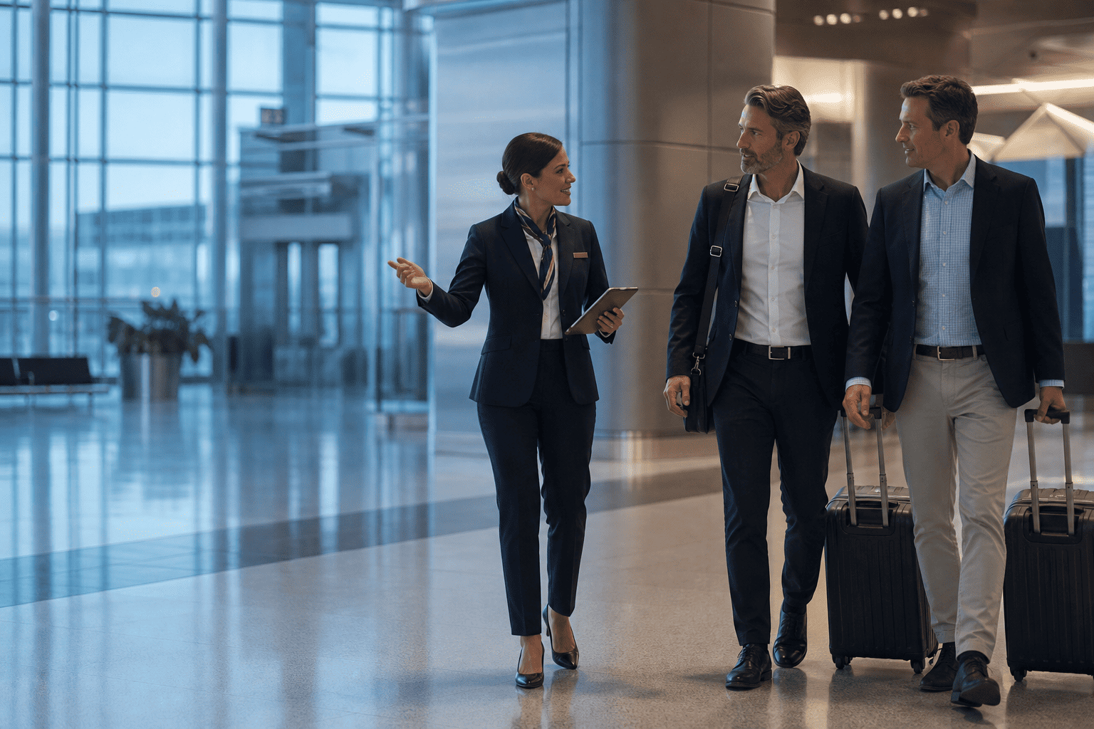 Airport host assisting business travellers inside a modern terminal