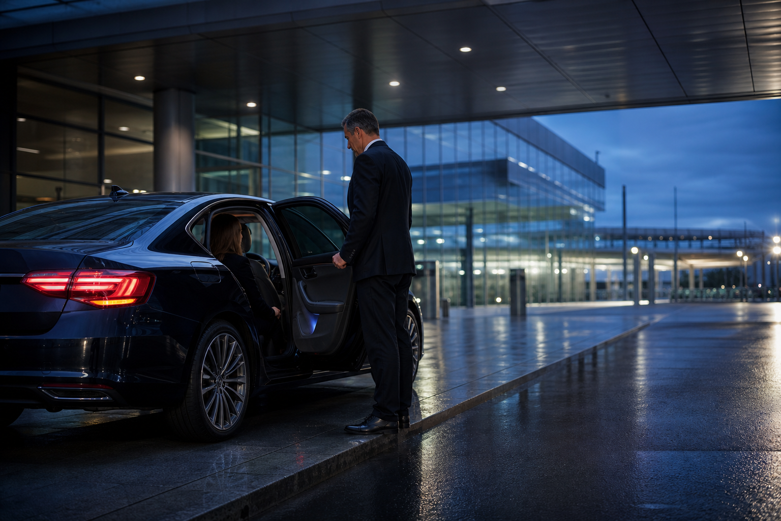 Executive airport transfer with a chauffeur beside a dark sedan